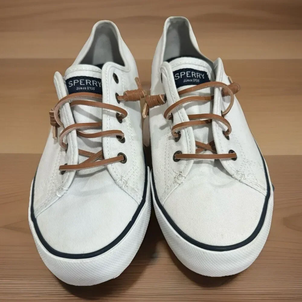 Sperry Pier View W 9.5 White Canvas Sneakers Rawhide Laces Coastal Preppy
